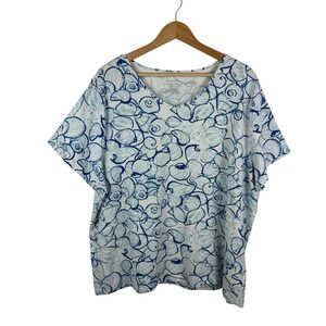 Talbots Seashell Tee 3X Blue Cotton‎ Blend V-Neck Stretch Coastal Beach Nautical